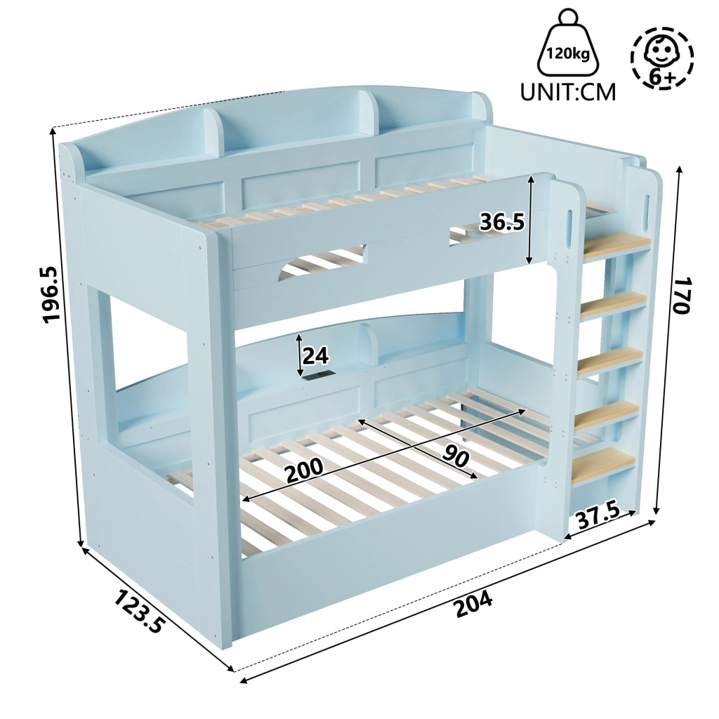 Letto a Soppalco 90x200 cm; Letto 2 Posti - USB e Mensole - in Legno Massello e MDF - Blu