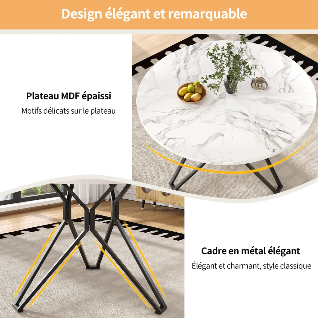 Tavolo da pranzo rotondo con piano in MDF effetto marmo e base in metallo, per cucina e soggiorno, nero, 100 × 100 × 76 cm