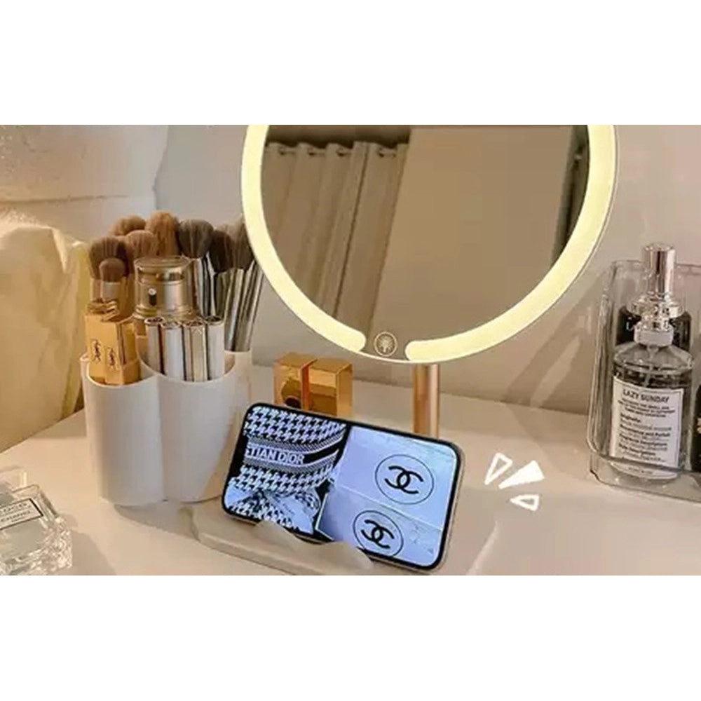 Trade Shop - Specchio Trucco Da Tavolo Con Luce Led Contenitore Portaoggetti Girevole Portacellulare -