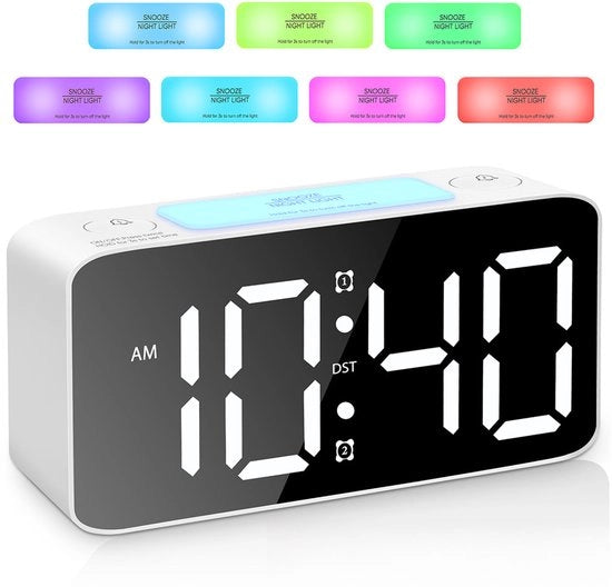 Alarme Digitale con 7 Colori di Luce Notturna - Ideale per i Sonnambuli, Orologio Digitale con Regolazione del Volume e Funzione di Ricarica USB per il Notiziario da Camera, Bianco