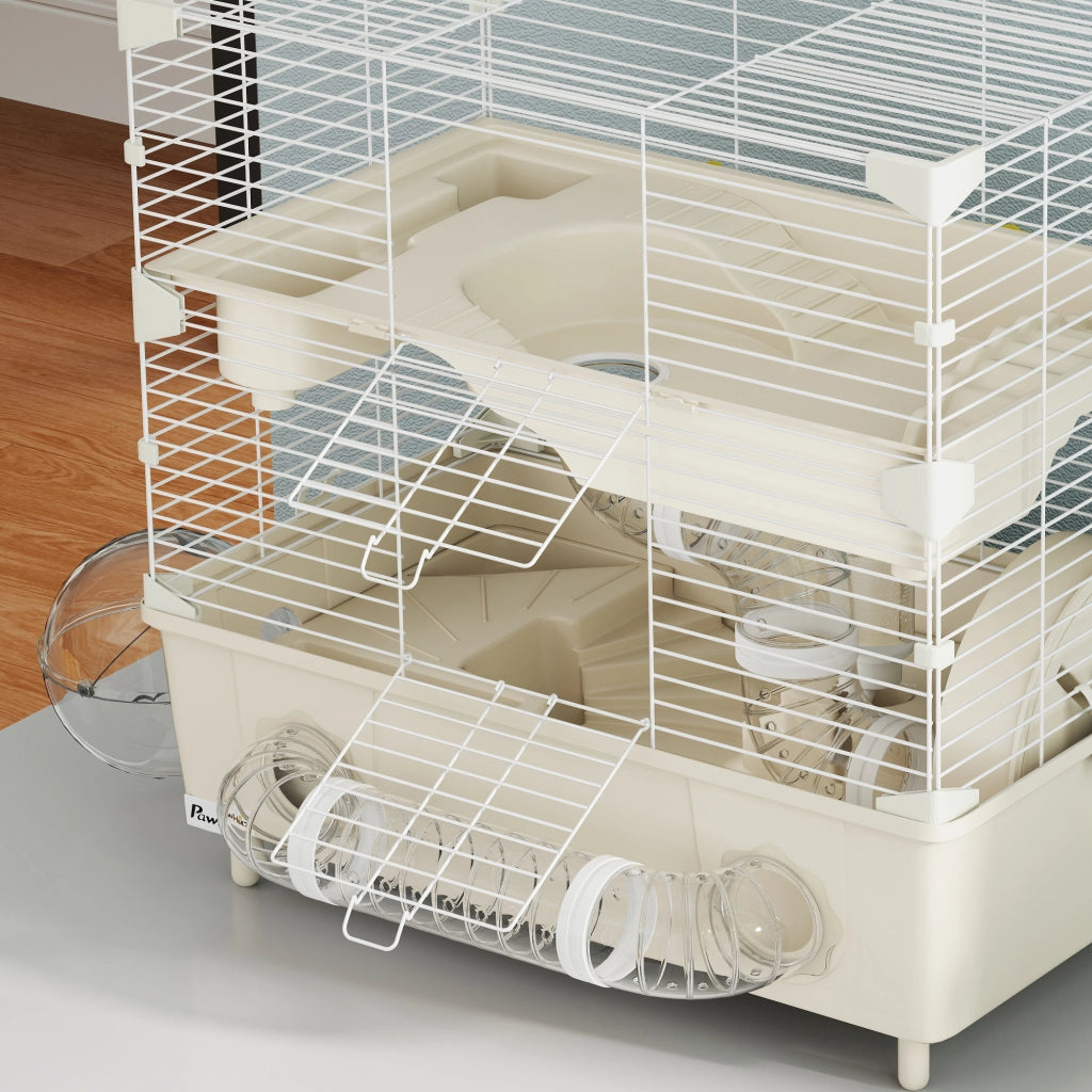 Gabbia per Criceti a 2 Livelli 44,5x28x44 cm 3 Porte Ruota e Tubi in Acciaio e PP Crema e Bianco
