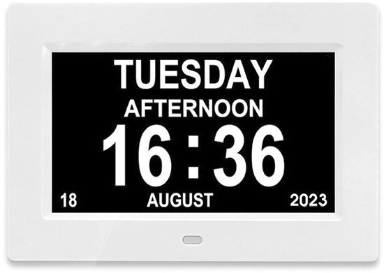 Calendario digitale per persone con Alzheimer e anziani, con visualizzazione data, giorno della settimana e ora (bianco).