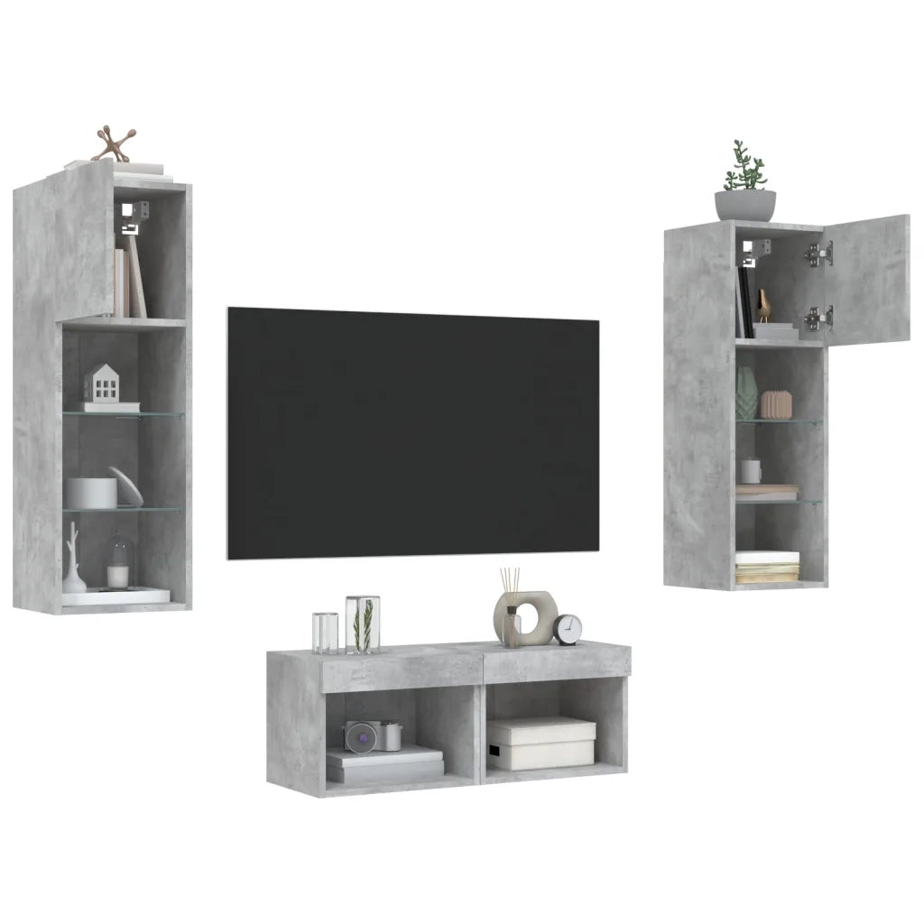 Mobili TV a Muro 4 pz-Credenza per TV con Luci LED Grigio Cemento 428955