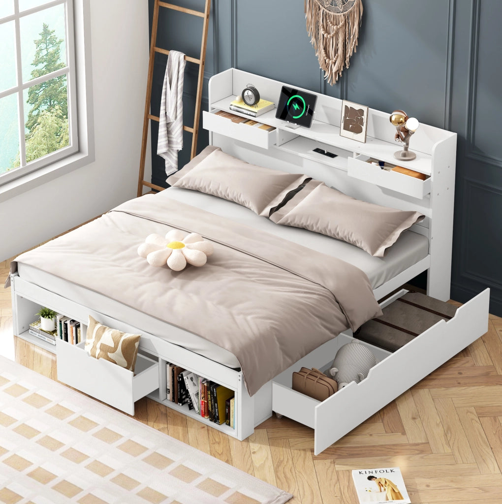 Letto matrimoniale 160x200 cm con USB; Type-C; cassetti e vani contenitore; bianco