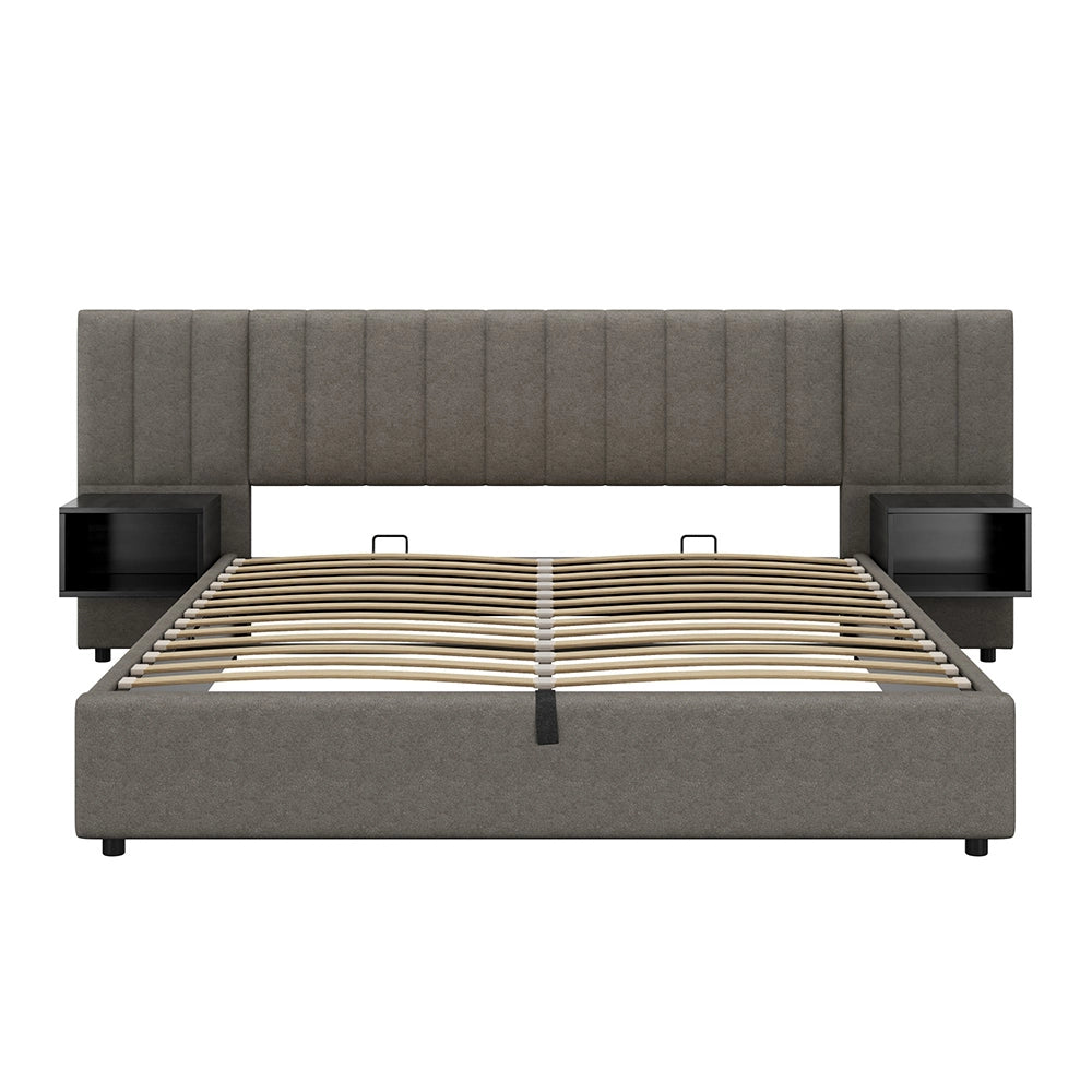 Letto imbottito 180x200 cm - Xylo - Con 2 comodini idraulico spazio di archiviazione Grigio + Nero
