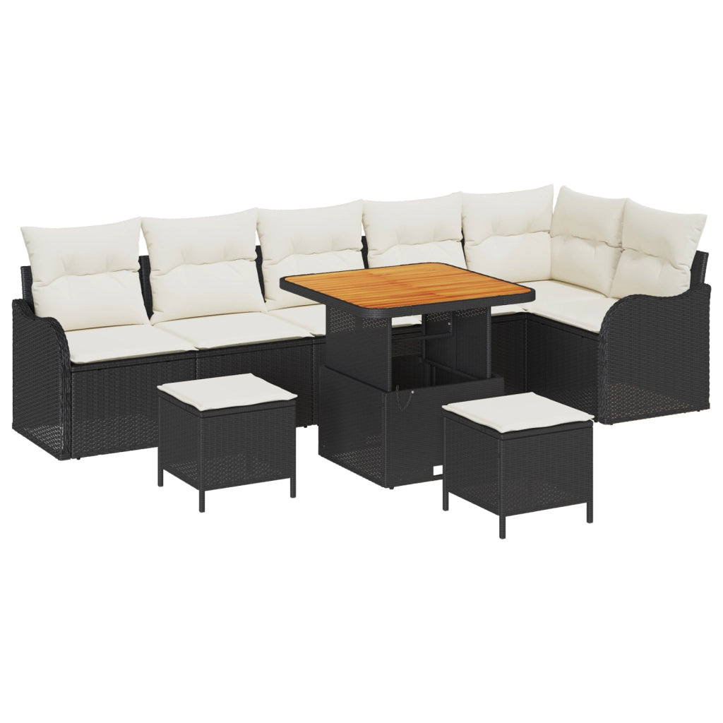 Set di Divani da Giardino con Cuscini 9 Pezzi Polyrattan Nero Acacia