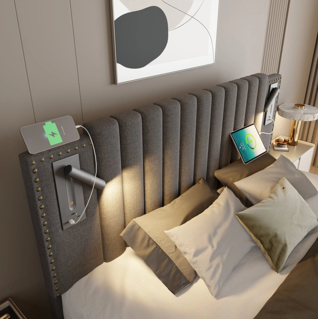Letto matrimoniale 160x200 cm con contenitore; testiera regolabile in cotone grigio; luci e USB