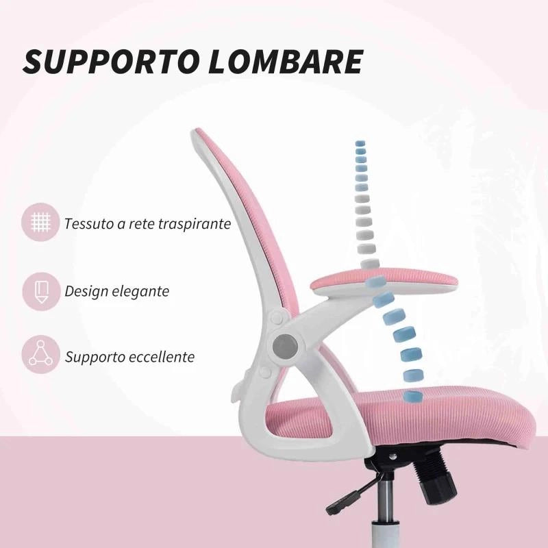 SEDIA DA UFFICIO ERGONOMICA E REGOLABILE CON SCHIENALE A RETE E SEDUTA IMBOTTITA, 65.5X61.5X88-97.5 CM, ROSA