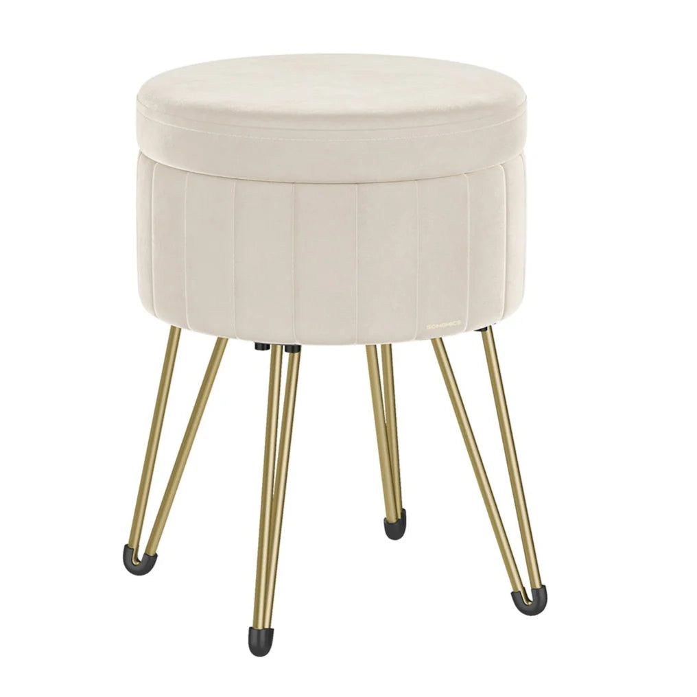 Sgabello rotondo in velluto con vano contenitore diametro 39 cm altezza 444 cm 4 gambe in metallo per cabina armadio soggiorno camera da letto bianco 12_0006167