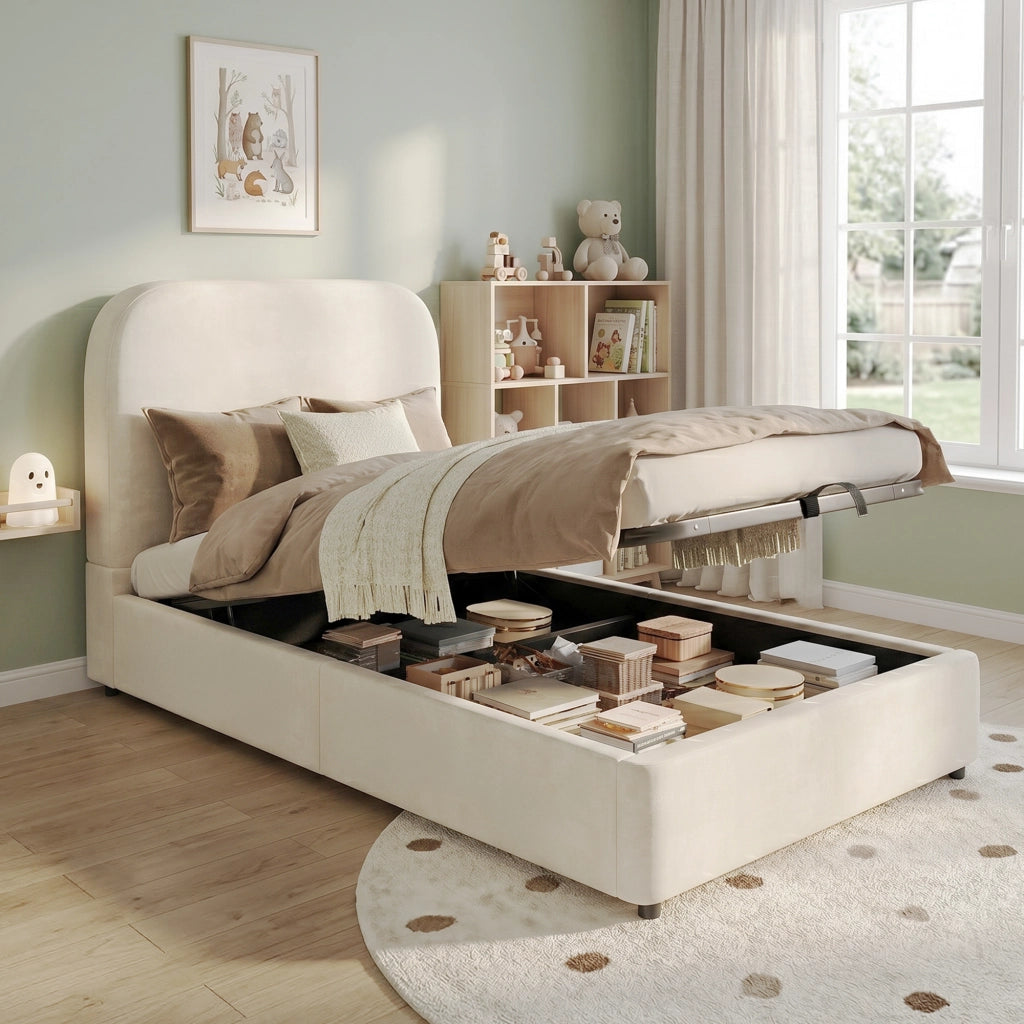 Letto Contenitore Singolo Imbottito ¨C MINIMAL ¨C Velluto Beige, Testiera, Rete a Doghe, 90x190