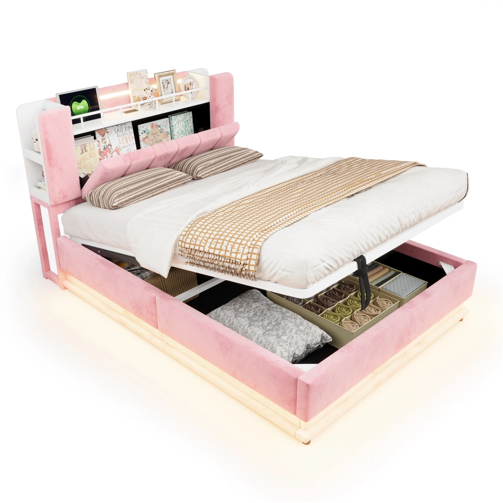 Letto matrimoniale imbottito 140x200 cm con LED; USB e contenitore idraulico; rosa