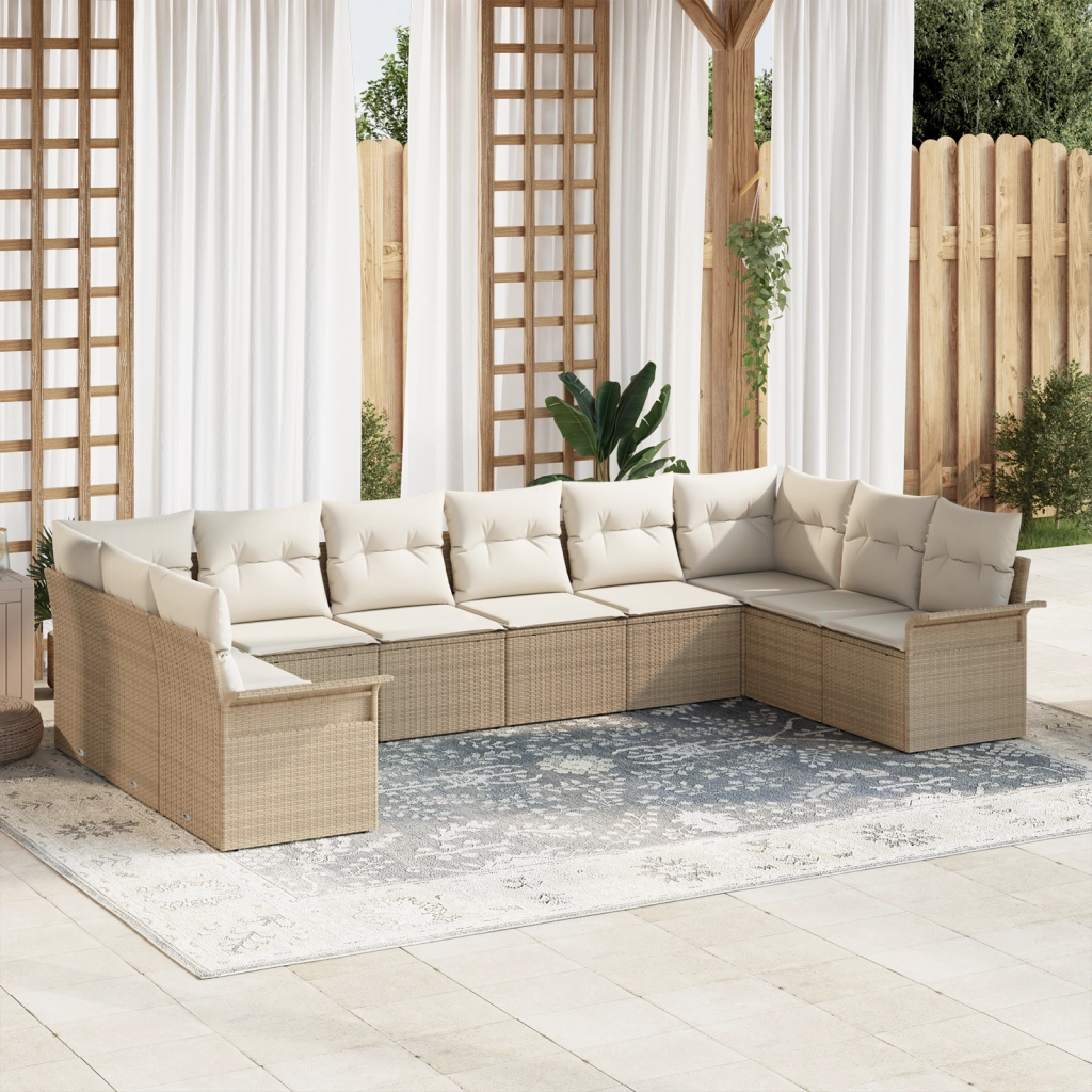 Set di divani da giardino  10 pezzi con cuscini beige in rattan sintetico