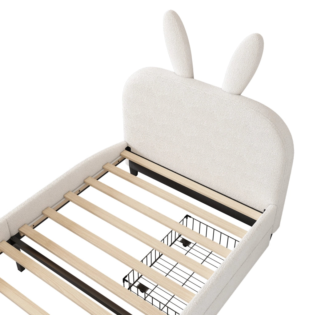 Letto per bambini 90x200 cm imbottito con testiera a forma di coniglio; 2 cassetti; bianco