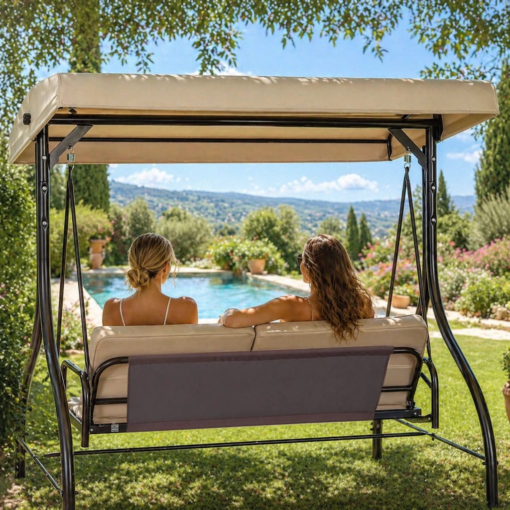 Dondolo Da Giardino 3 Posti Con Parasole E Seduta Reclinabile Trasformabile In Letto Struttura In Acciaio 195 x 120 x 175 Cm Beige