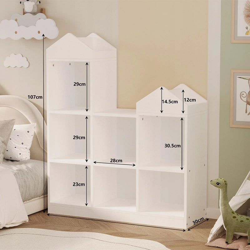 Scaffale bianco per bambini con 7 scomparti per giocattoli, libri, accessori e organizer