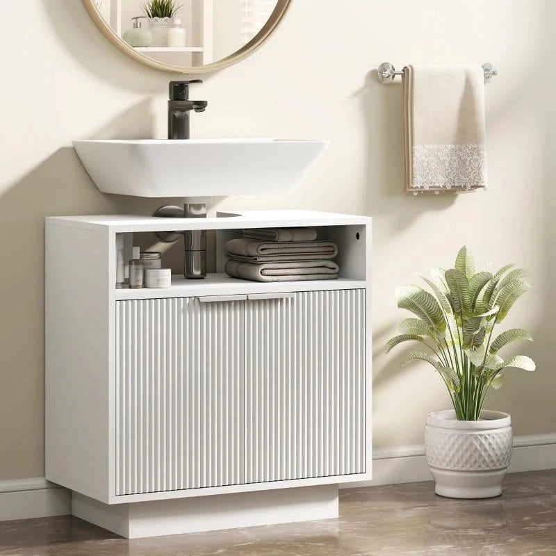 MOBILE SOTTO LAVABO BAGNO CON RIPIANO INTERNO REGOLABILE E RIPIANO APERTO, IN LEGNO, 60X33X63 CM, BIANCO