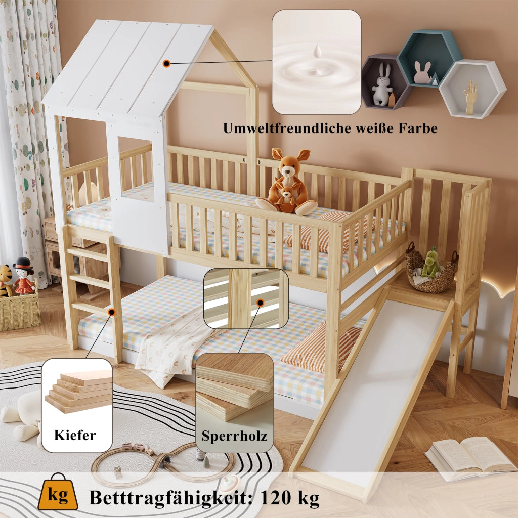 Letto a castello con scivolo e tetto naturale e bianco legno di pino 90x200 cm