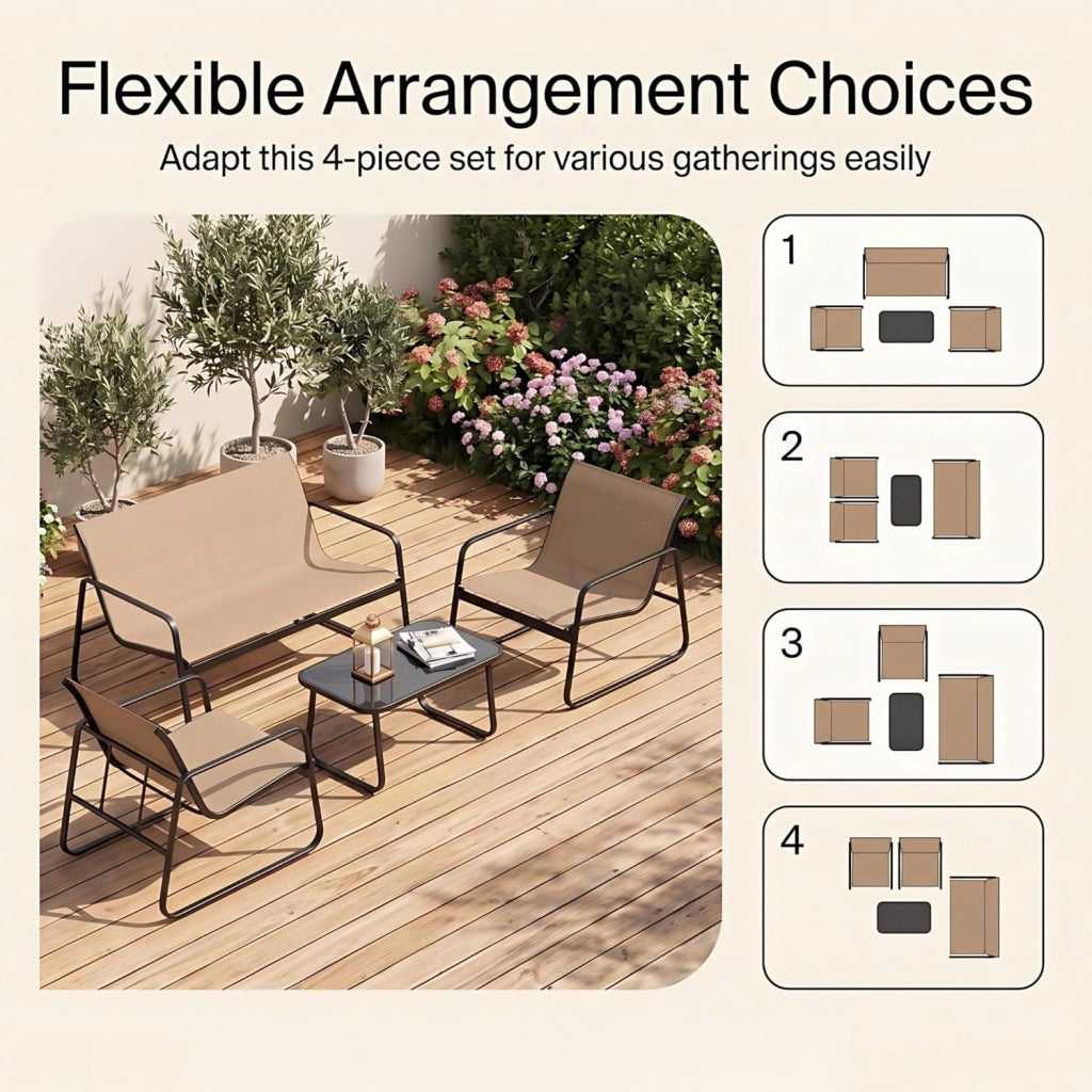 Set di Conversazione per Patio, Set di Mobili 4 Pezzi con Tavolino in Vetro Temperato, Ampio Divano a Due Posti, 2 Sedie Accoglienti, Tessuto Traspirante, per Giardino, Bordo Piscina