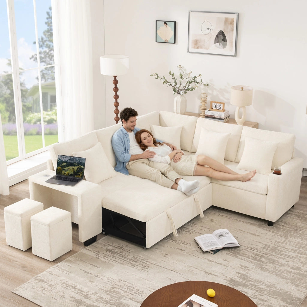 Divano Angolare Convertibile con Contenitore, Portabicchieri e USB ¨C Xylo ¨C Beige