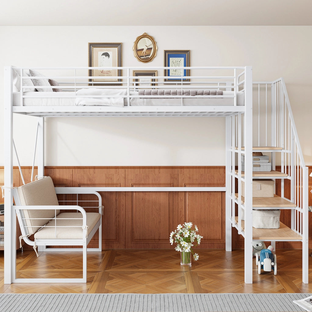 Letto a castello 90x200 cm con scala contenitore e divano imbottito in metallo e MDF bianco