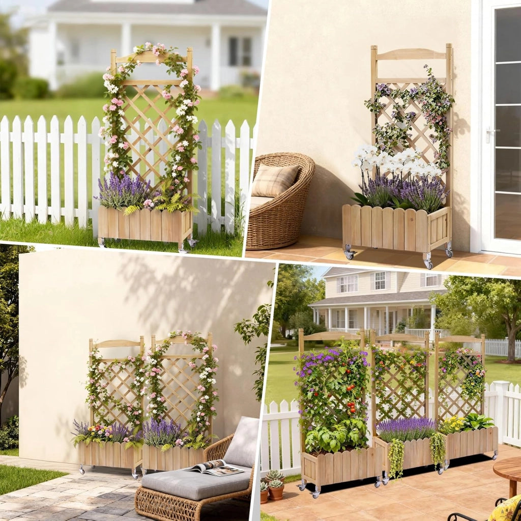 Fioriera in legno con grigliato e ruote, rialzata, resistente alle intemperie con fori di drenaggio, per giardino, balcone e terrazza, 49 x 28 x 116 cm – Marrone chiaro