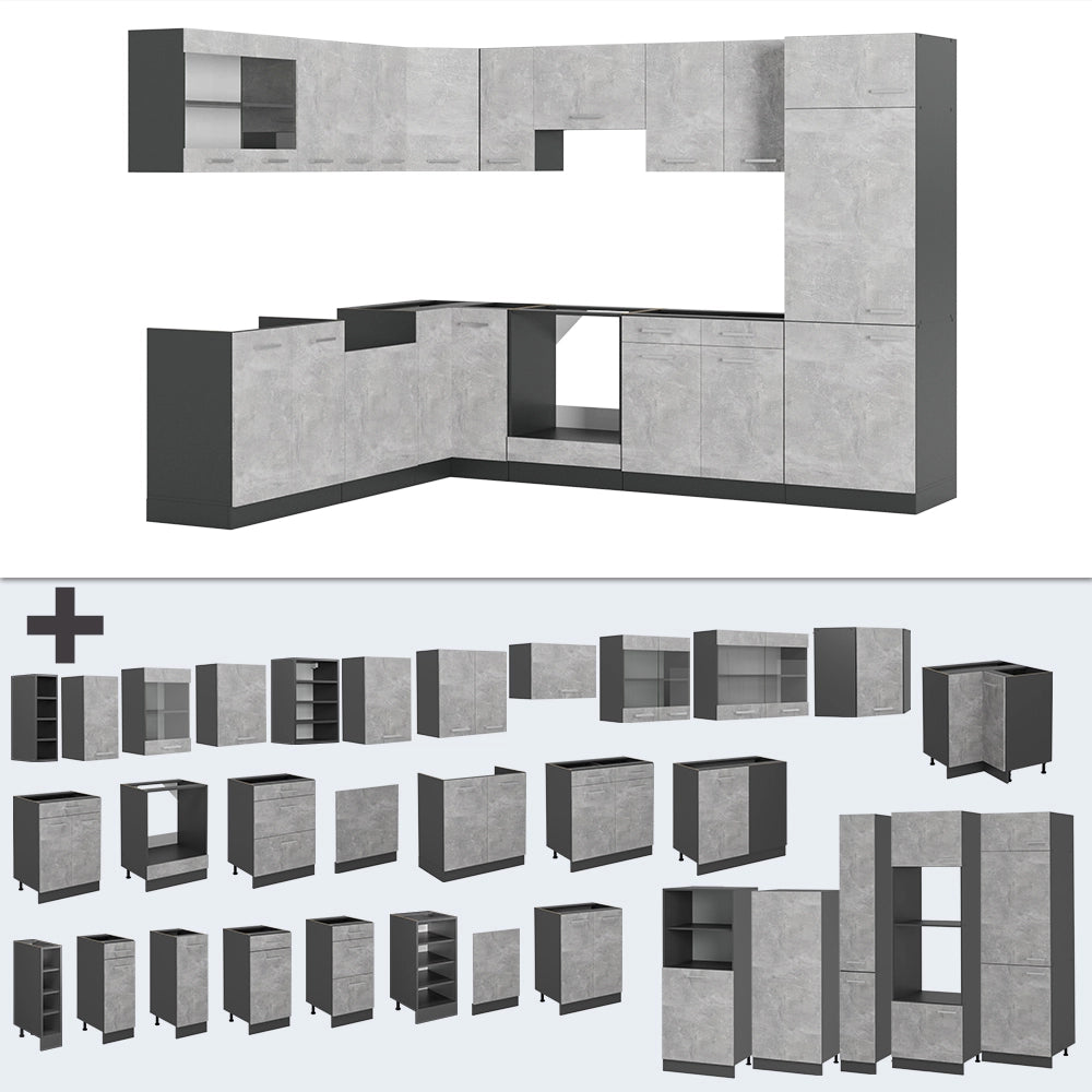 Cucina angolare completa R-Line Calcestruzzo/Antracite 287 x 227 cm senza piano di lavoro Vicco