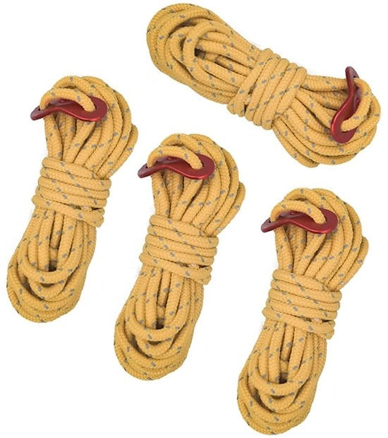 Tessuto da tenda 4 pezzi - 4 mm corda in nylon - Regolatori ultralight in alluminio - Camping/Azione di trekking - Escursioni a piedi - Zaino - Sostenibile e riflettente - Corda da tenda per campeggio