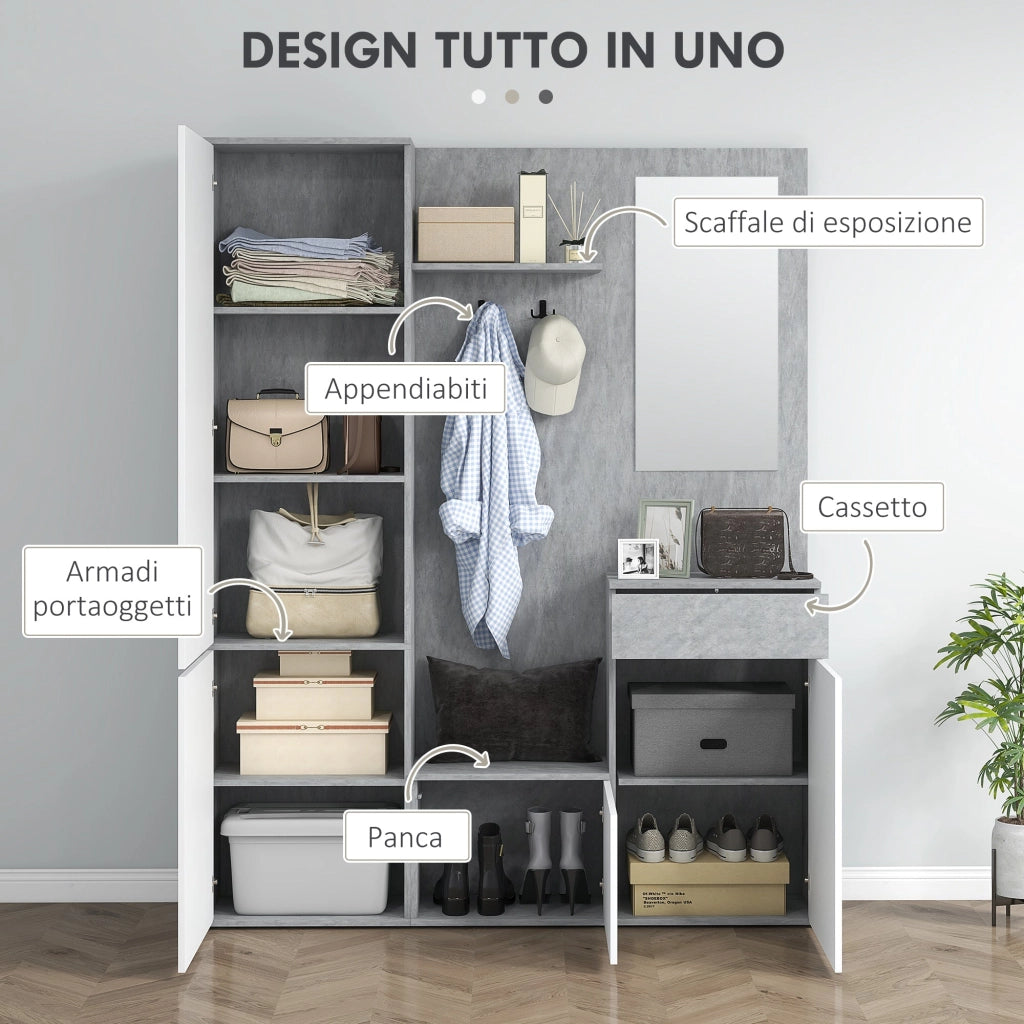 Mobile Guardaroba per Ingresso con Specchio Appendiabiti e Armadio 145x29x184 cm Grigio e Bianco