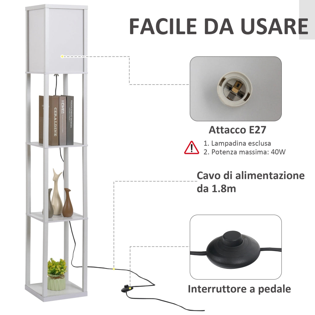 EasyComfort Lampada da Terra con 3 Mensole Integrate, Attacco E27 Potenza 40W, Arredamento Moderno in MDF, 26x26x160cm, Bianco