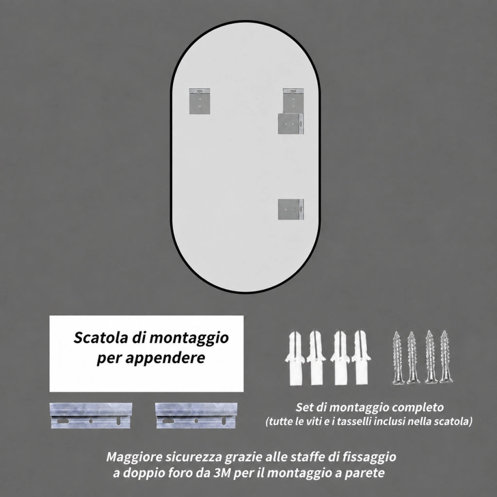 Specchio da parete 60x120 cm a capsula con cornice in alluminio nero; installazione orizzontale o verticale