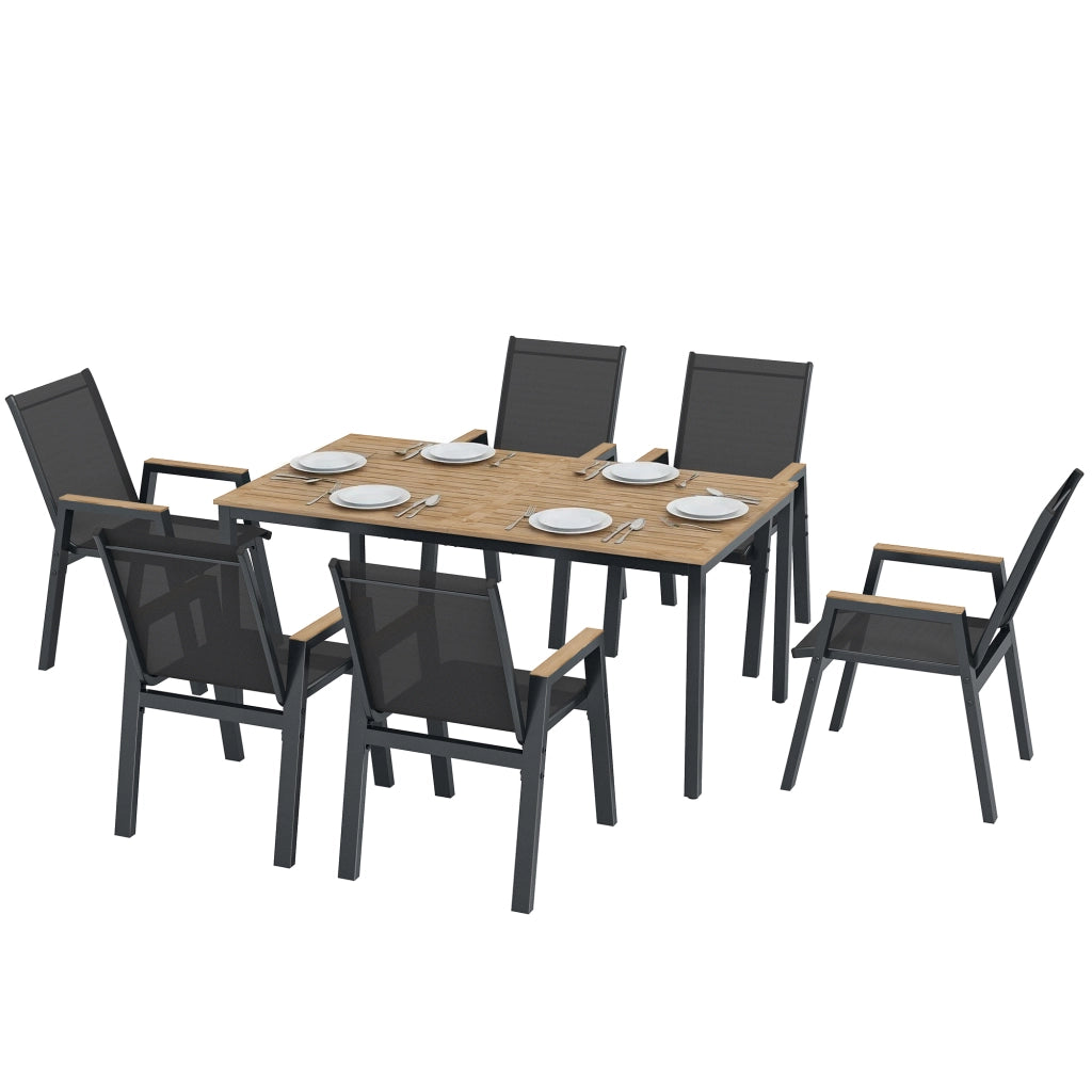 Set da pranzo per giardino con tavolo in legno e 6 sedie in polyrattan ¨C zephmum ¨C nero