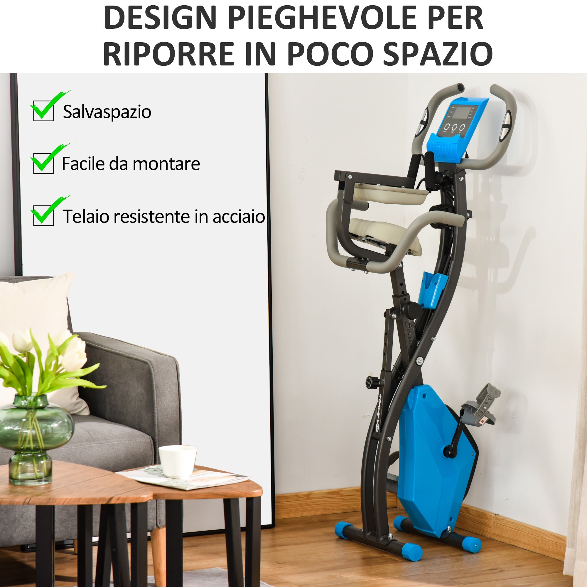 Cyclette Pieghevole 8 Livelli di Resistenza con Seduta Regolabile Blu e Grigio