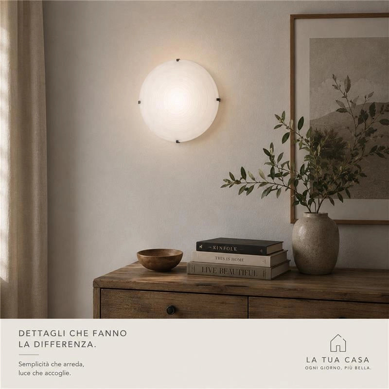 PLAFONIERA GISELLA 1XE27 GANCI CROMO VETRO LASTRA BIANCO DECORATO SPIRALE Ø30-P.10 CM