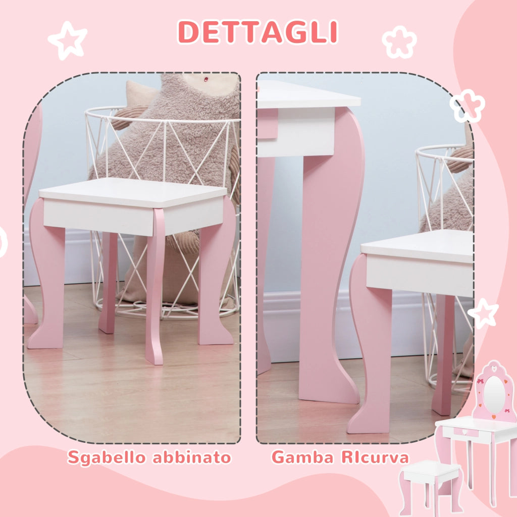 EasyComfort Set Tavolo Trucco con Sgabello, Specchio e Cassetto in MDF per Bimbi 3-6 Anni, Bianco e Rosa