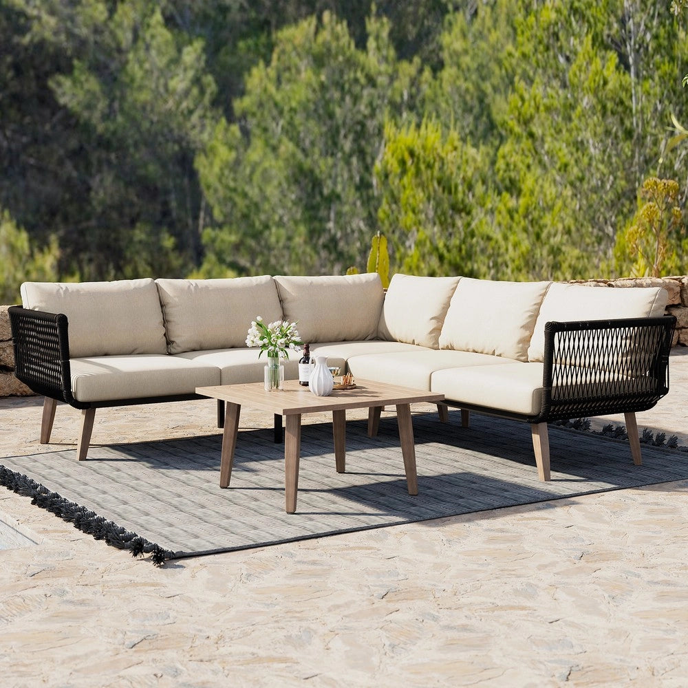 Set Divano da Giardino con Tavolino ¨C Xylo ¨C Acciaio, Corda, Beige e Nero