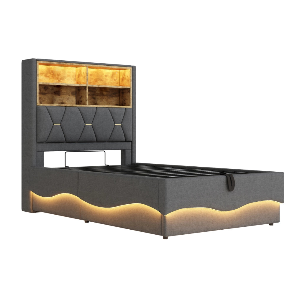 Letto multifunzione 90x200 cm con LED, USB e contenitore idraulico