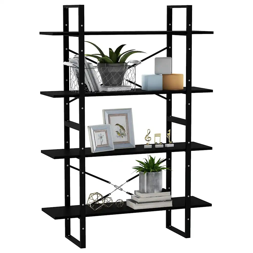Libreria a 4 Ripiani Nera 100x30x140 cm in Massello di Pino