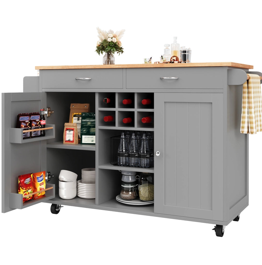 Isola da cucina mobile grigia 102x45x92 cm con portabottiglie