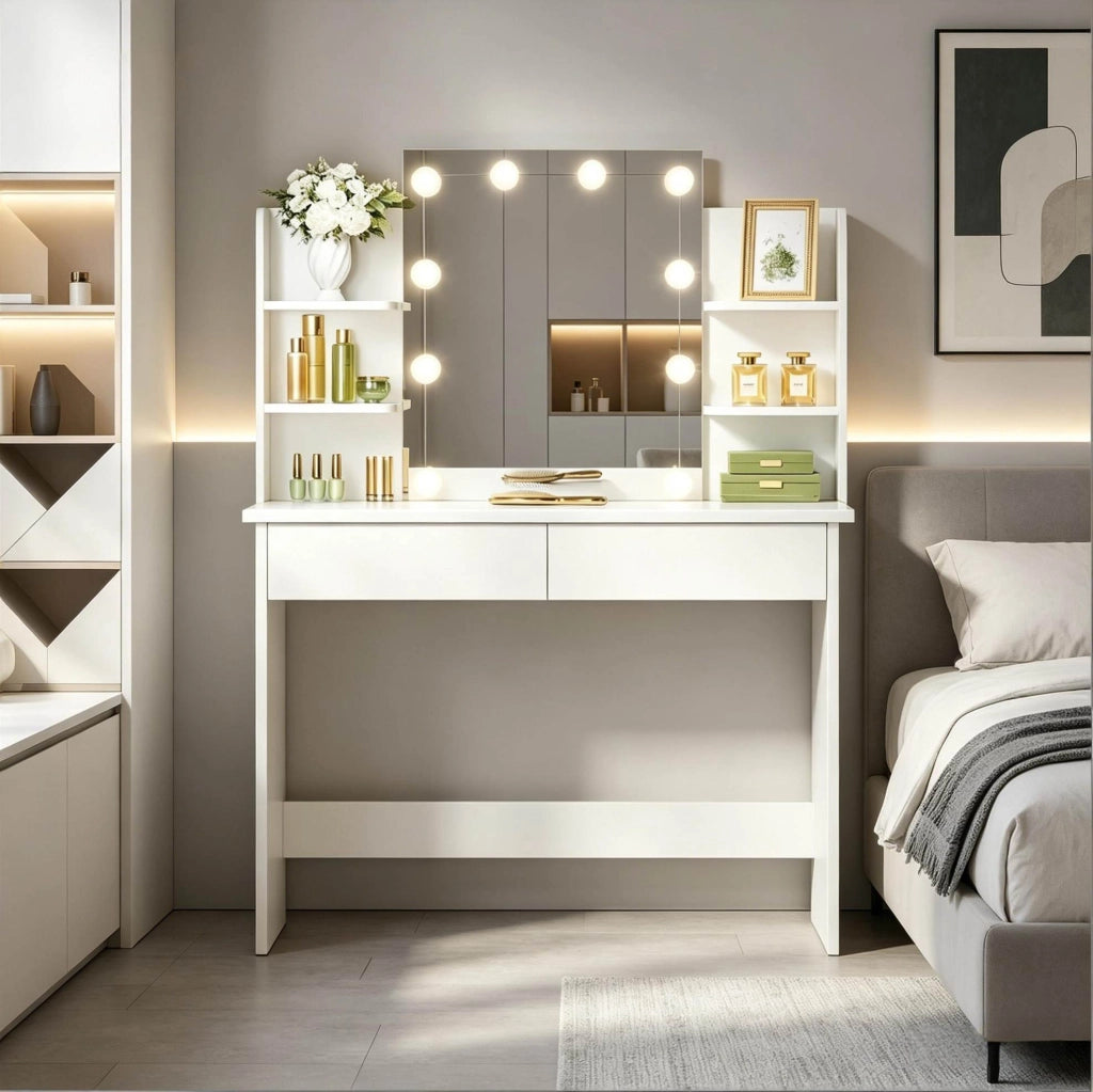 Toeletta 90x40x135 cm con specchio LED dimmerabile, 2 cassetti, legno massello e plastica bianca