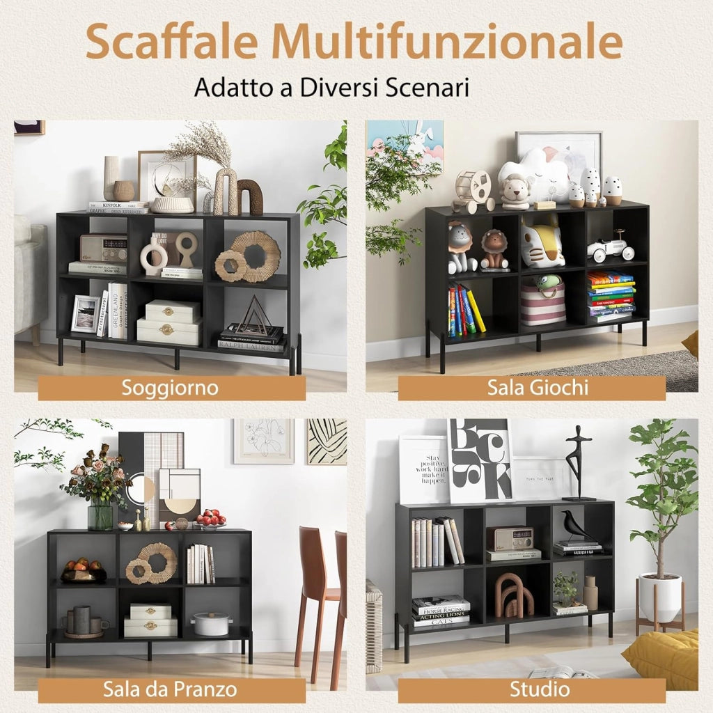Scaffale a 6 Cubi, Libreria Aperta in Legno con Gambe Metalliche, Ripiani Regolabili in 5 Posizioni, Dispositivo Antiribaltamento, Scaffale per Casa e Ufficio, 120 x 35 x 79,5 cm (Nero)