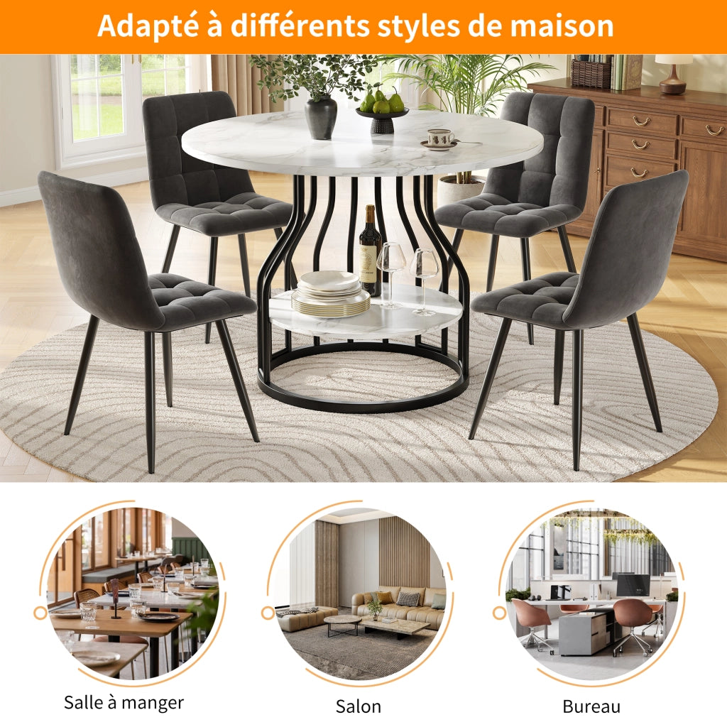 Tavolo da pranzo rotondo con piano in MDF effetto marmo e vano contenitore per soggiorno e cucina nero 80 × 80 × 76 cm