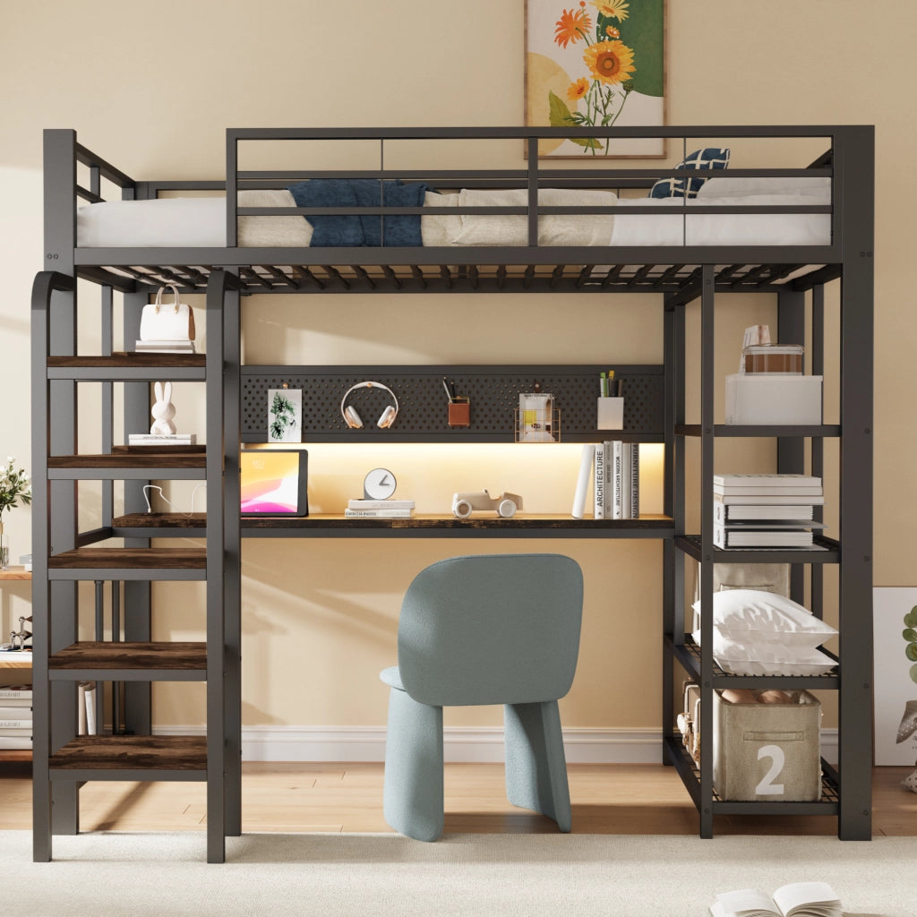 Letto a soppalco singolo 90 × 200 cm con scrivania, LED regolabile, prese integrate e ripiani, senza materasso, nero