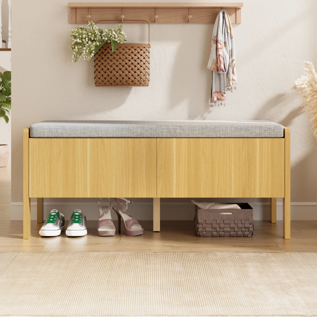 Panca contenitore con seduta, laterali in rattan, 2 cassetti, colore naturale e grigio, 113 ¡Á 45,5 ¡Á 40 cm