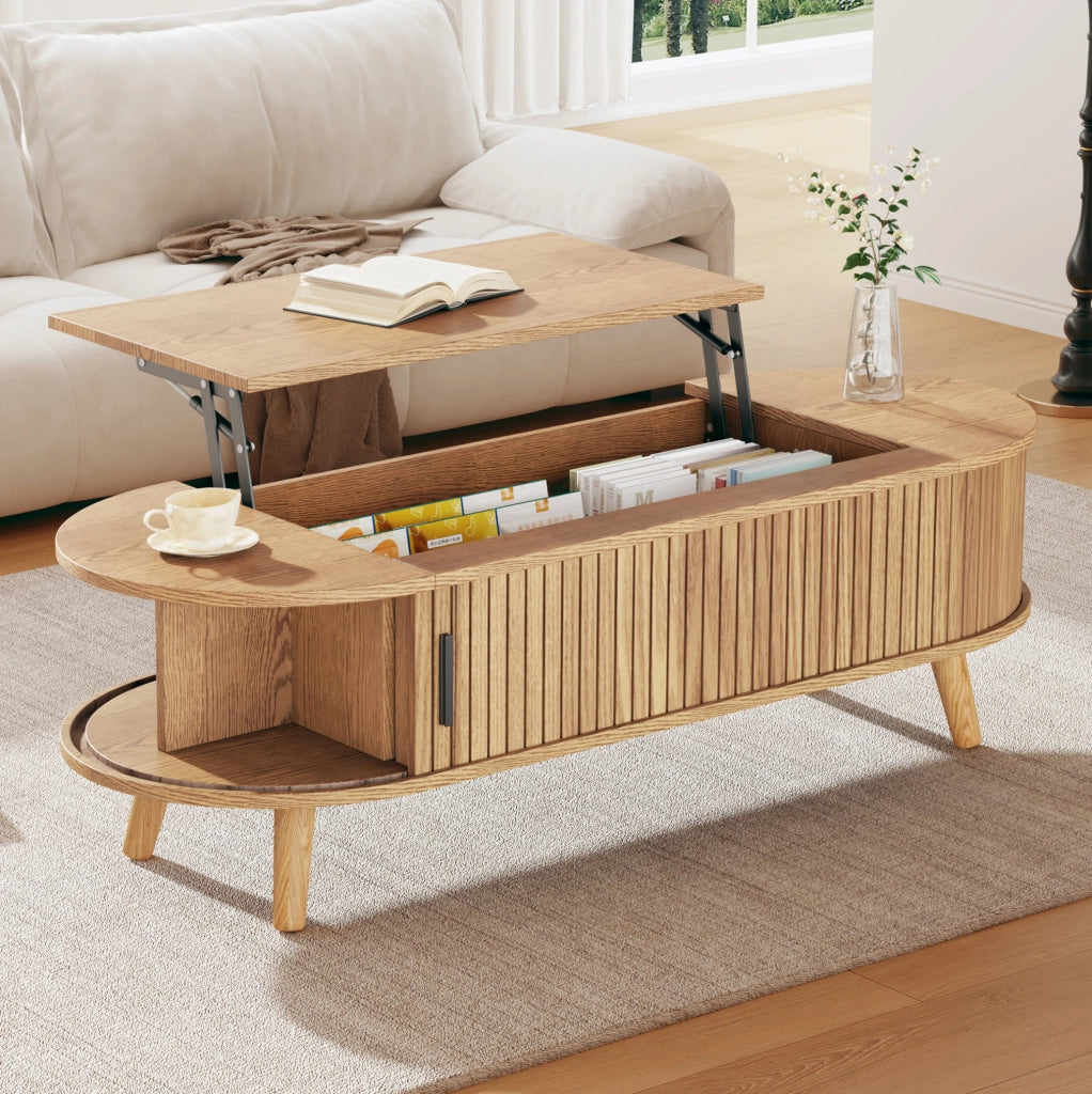 Tavolino da caffè sollevabile 120x50 cm in MDF effetto legno naturale; con contenitore nascosto