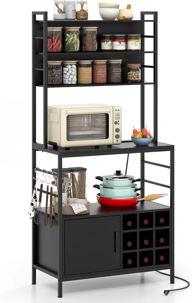 Scaffale da cucina con presa di corrente alto 170cm, scaffale da forno in legno e telaio metallico, scaffale per microonde con ganci a forma di S e portabottiglie per vino, scaffale