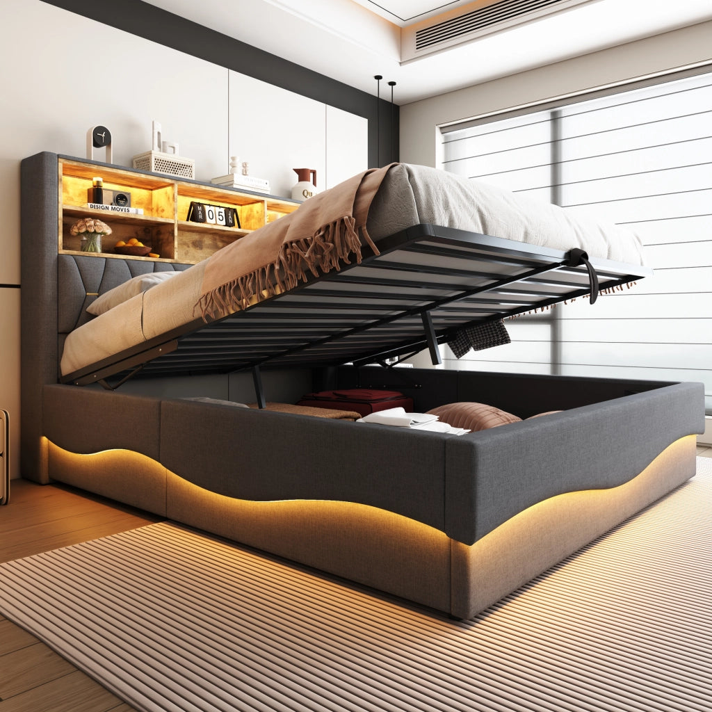 OKWISH Letto Contenitore 180×200 cm, Letto Matrimoniale con LED Regolabile, USB e Vano Contenitore, senza Materasso, in Metallo, Grigio