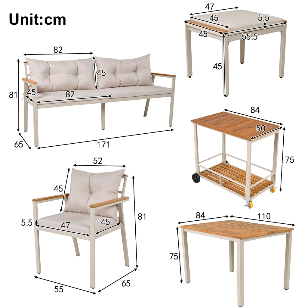 Set da giardino da pranzo 6-7 posti con carrello di servizio rimovibile; legno di acacia beige e naturale