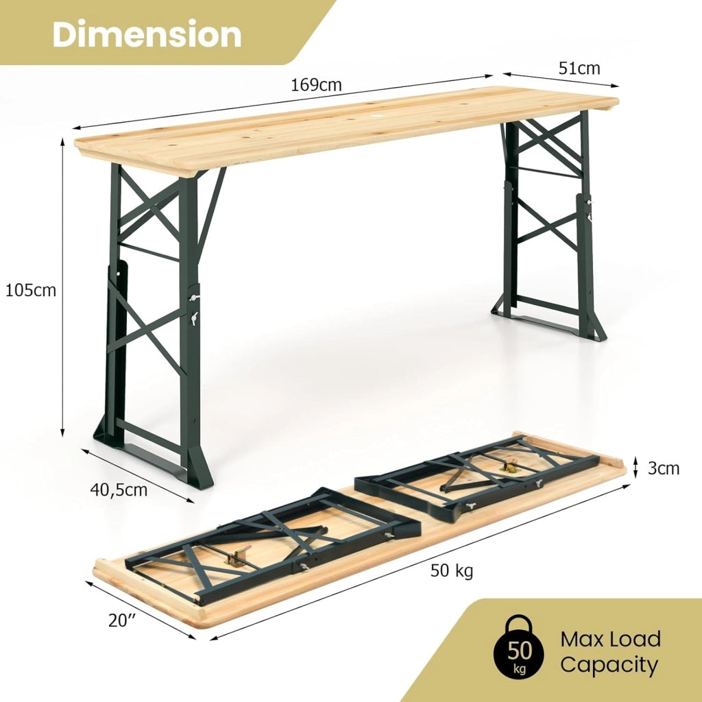 Tavolo pieghevole per birra, altezza 75 cm/105 cm, tavolo da buffet per esterni, con foro per ombrellone, 168,5 cm, tavolo da bar e birra, tavolo da festa, tavolo pieghevole per terrazza e