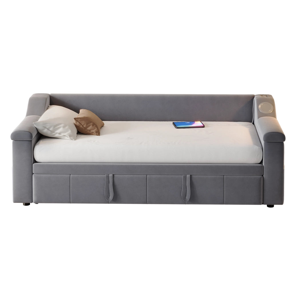 DESMIU Divano Letto 90 × 190 cm 2 posti con USB, Bluetooth, vani portaoggetti, senza materasso, in velluto, grigio