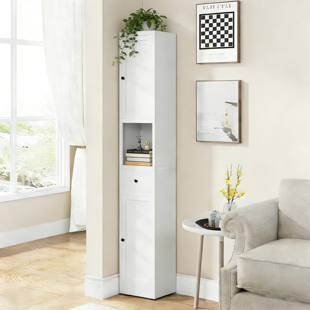 Armadietto da bagno in metallo con 2 ante e 5 ripiani regolabili, autoportante, bianco, 30 × 30 × 180,34 cm